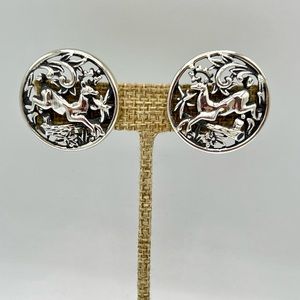 Vintage SARAH COVENTRY clip on Woodland Flight deer silver tone earrings cutout